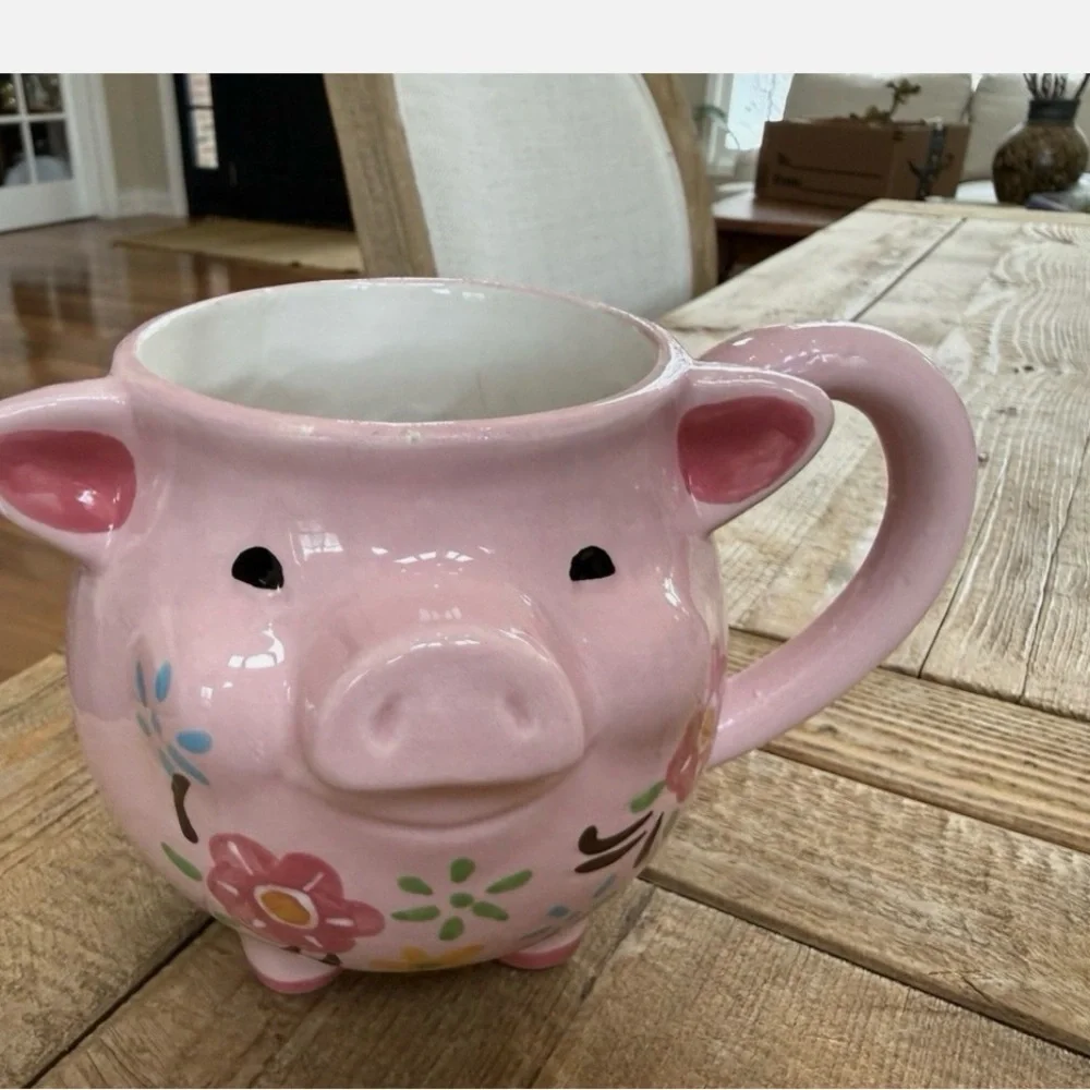 Charming Pink Pig Ceramic Mug with Floral Design